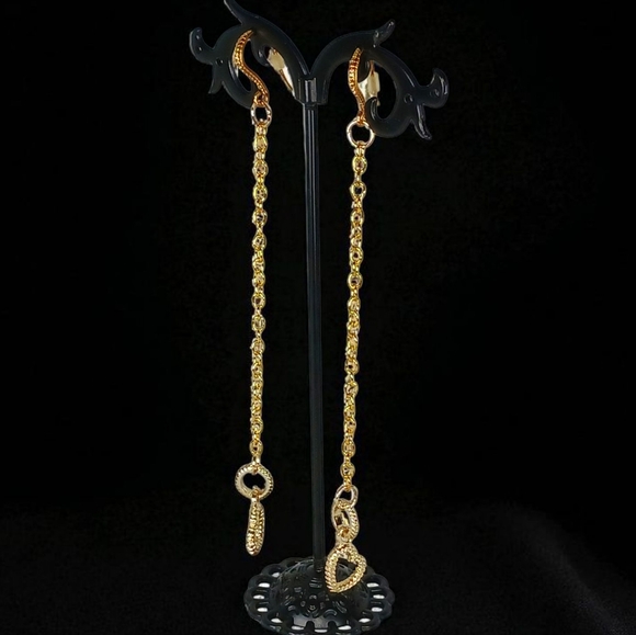 Gold Textured Circle Linear Drop Heart Earrings Shoulder Dusters Coquette Girl - Picture 3 of 13